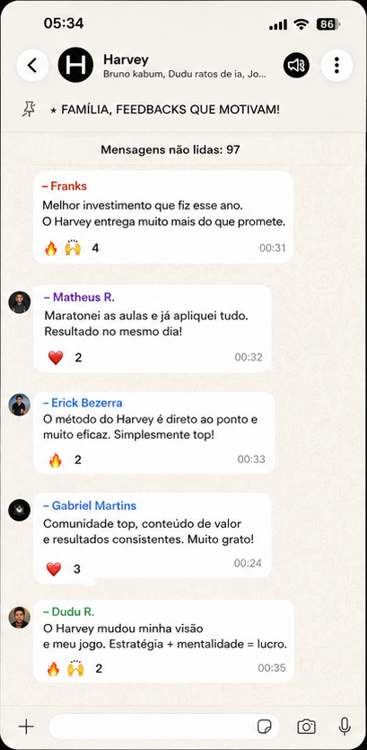 Print de feedbacks de alunos na comunidade do WhatsApp